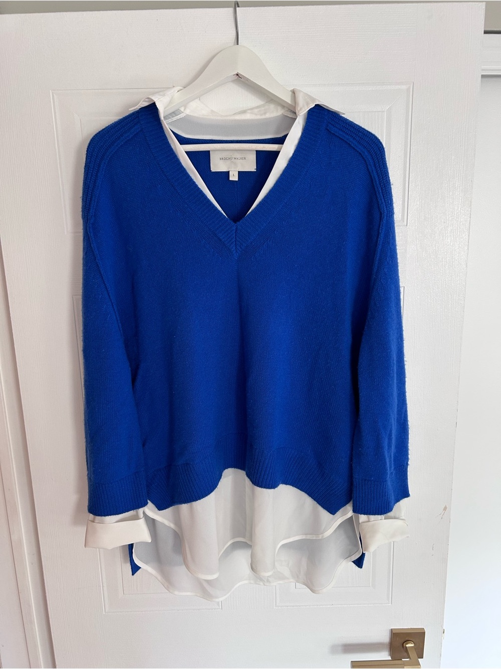 Brochu Walker Royal Blue V-Neck Layered Sweater with White Shirt Hem